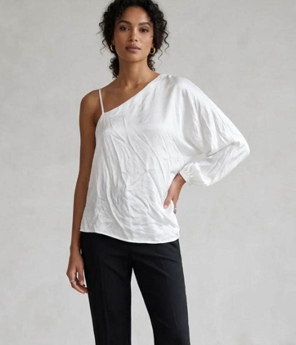 NEW Gold Hawk Haley One Shoulder Top White Satin Long Sleeve Blouse Size S